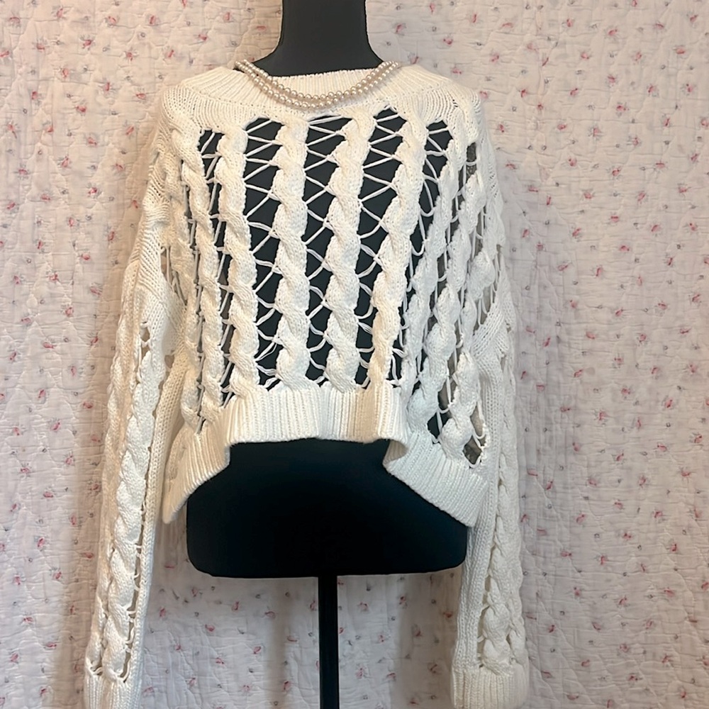 Long cropped Zara  white Cable knit sweater with holes  , 70$ in store